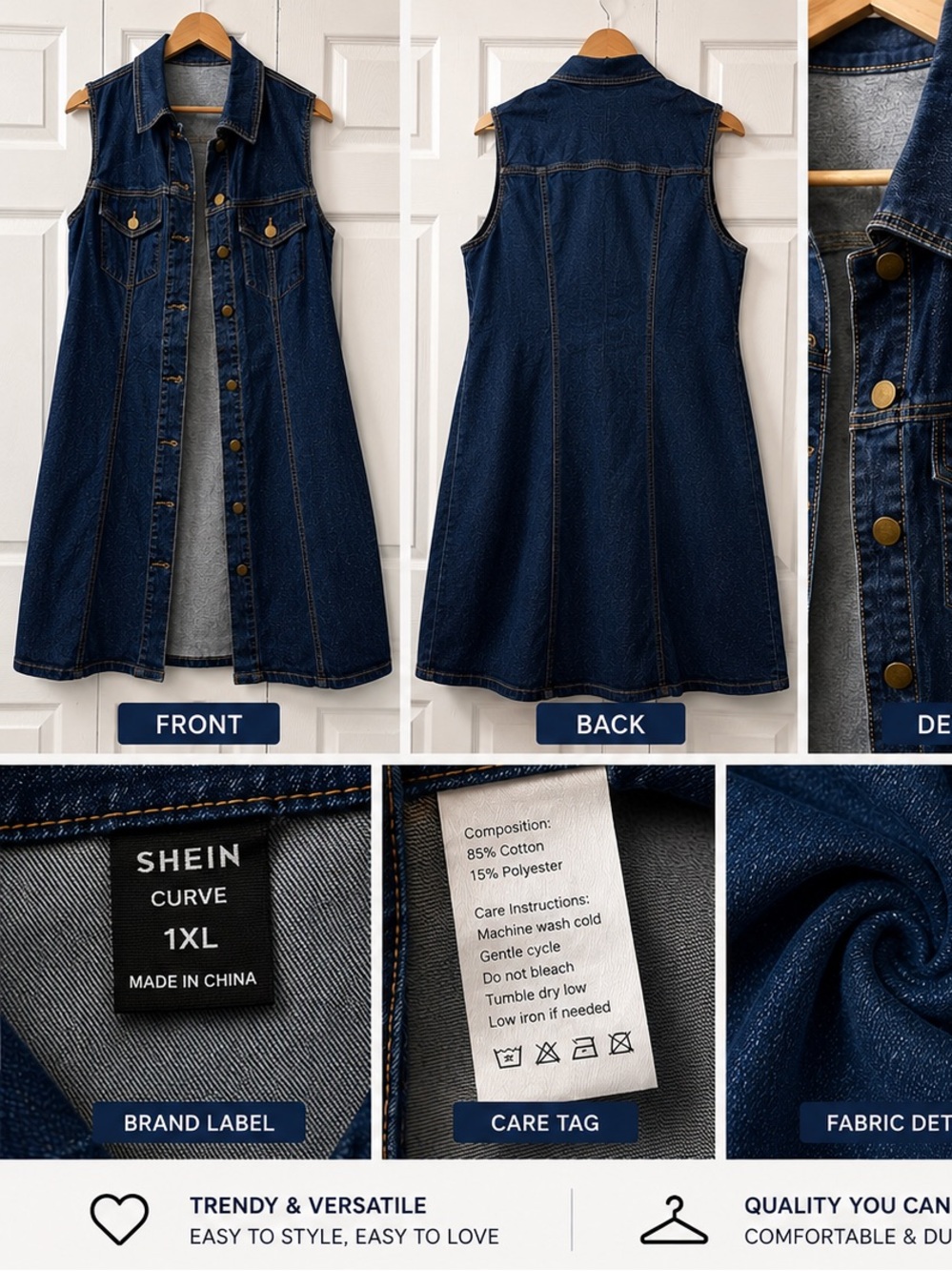 SHEIN Dark Indigo Denim Button-Front Sleeveless Dress - Picture 2 of 3